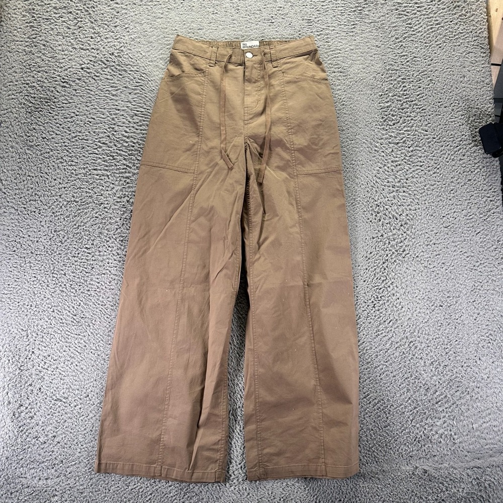 No Boundaries Pant Womens S Brown Khakis Wide-Leg Utility Workwear Drawstring